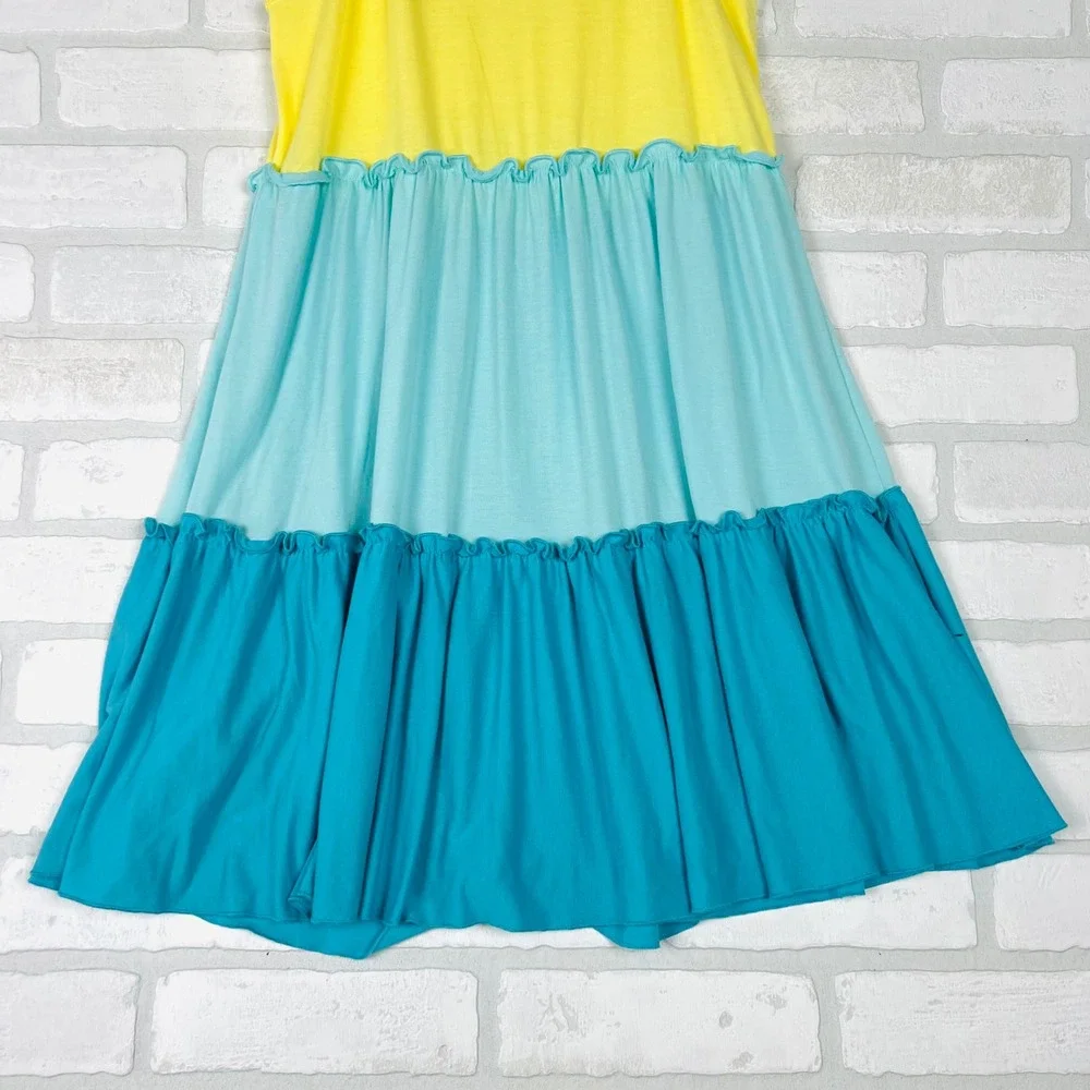 Zunie Girl Kids XL 14/16 Yellow Blue Tiered Colorblock Braided Strap Dress